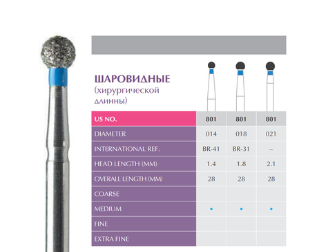 Prima / Алмазный бор - Шаровидные хирургической длины