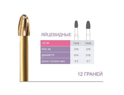 Бор золотой финишный яйцевидные "Prima Dental" 12 граней